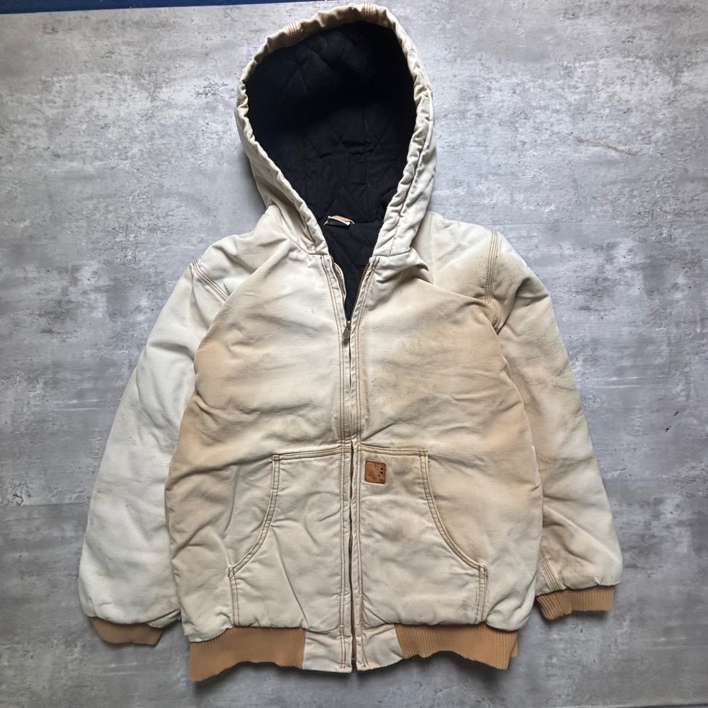 Carhartt Hooded Active Jacket Fits Medium Cream Distressed Canvas Quilted Lining